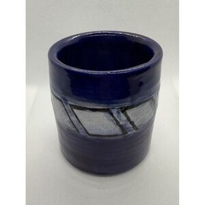 Studio Pottery Cobalt Blue Cup‎ Handmade Ceramic Tumbler Geometric Design Signed